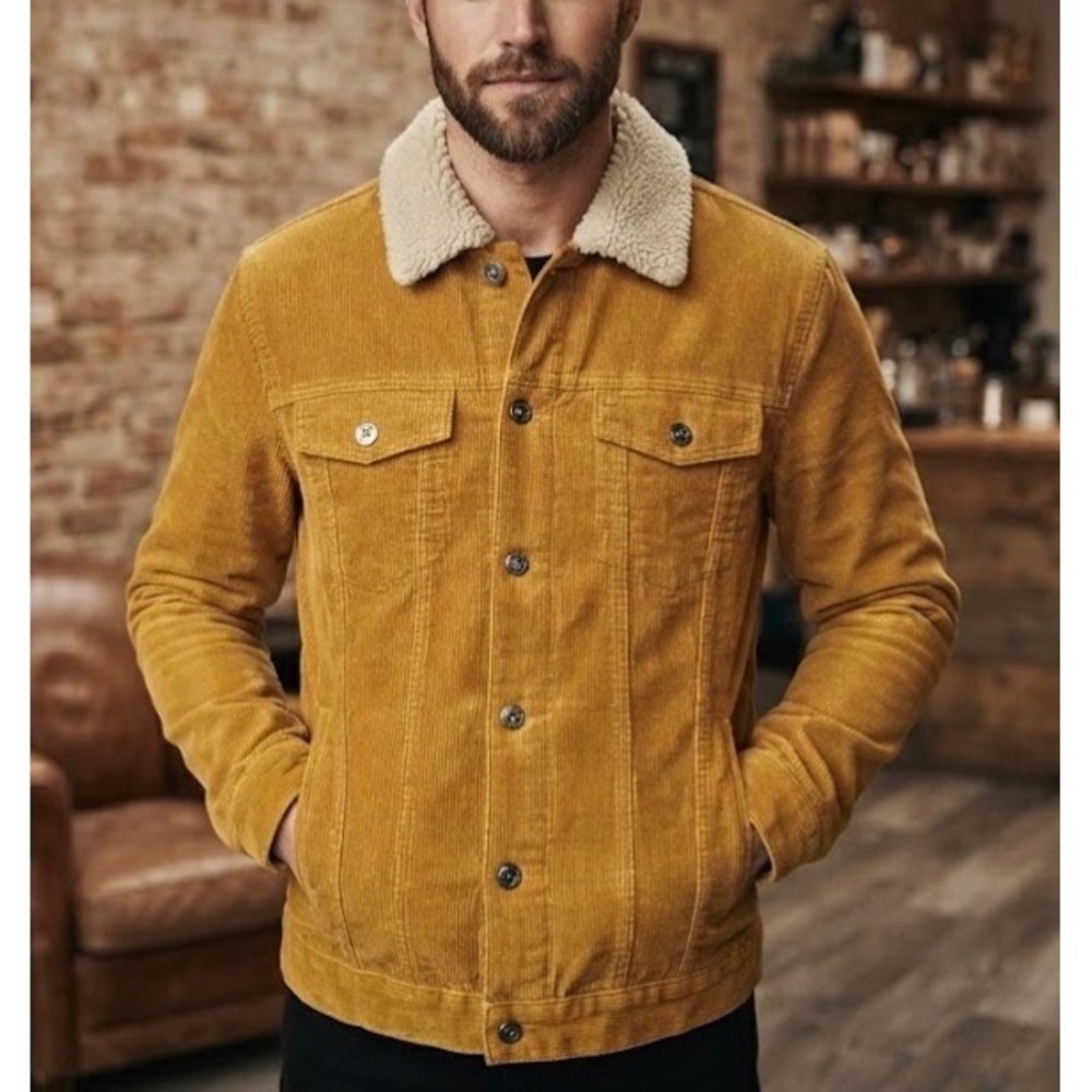 The Normal Brand Mens Corduroy Sherpa Lined Trucker Jacket Mustard Yellow Tan M